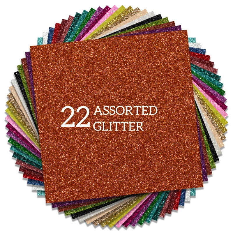 FANSGUAR HTV Glitter Heat Transfer Vinyl 12"x12" Bundle 22 Sheets Iron on for DIY Design Shirts Gifts (Assorted 22 Colors) - Image 1